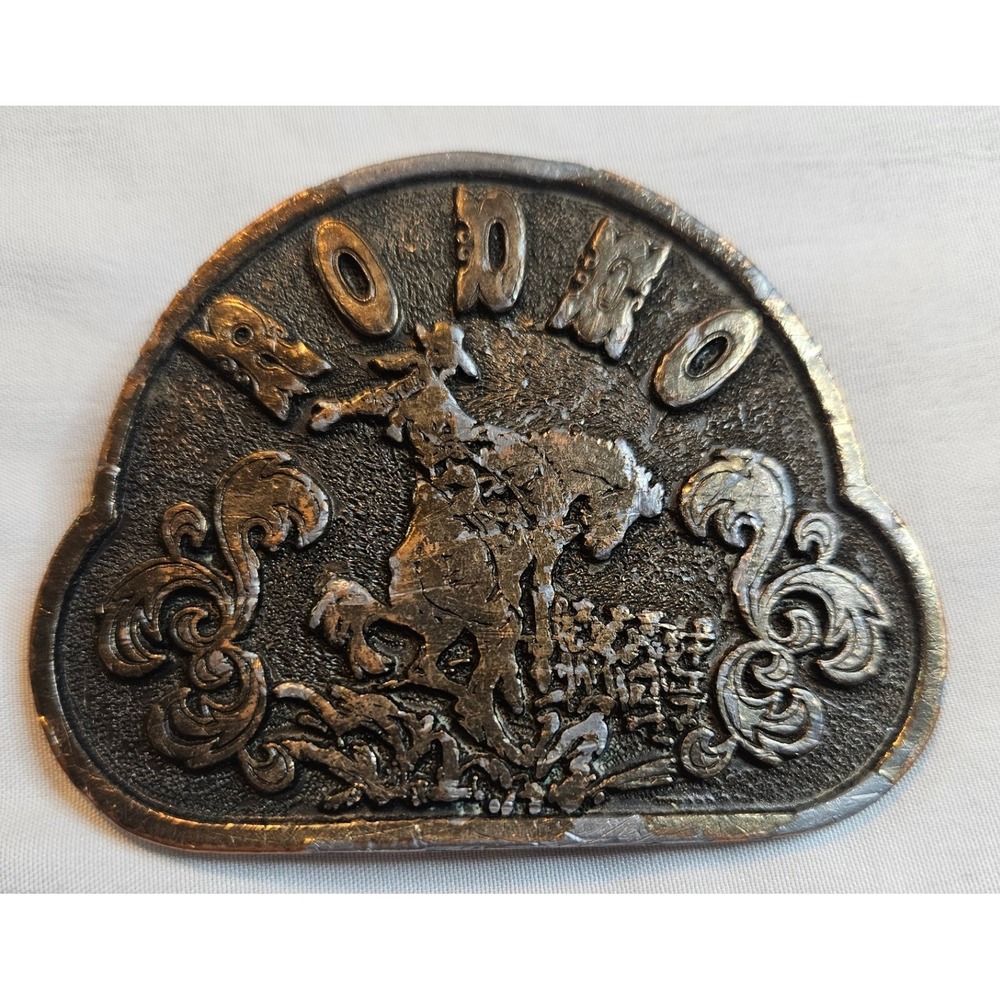 Vintage J Dezi Denver Rodeo Belt Buckle Brass Tone Bronc Rider Western Scroll